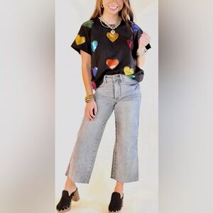 Sequin Heart Print Black Tee - Multicolor Hearts